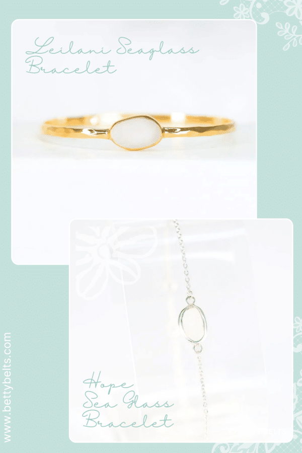 Collage of two sea glass bracelets on a mint backdrop: a gold-tone bracelet labeled 'Leilani Seaglass Bracelet' and a silver chain bracelet labeled 'Hope Sea Glass Bracelet'.