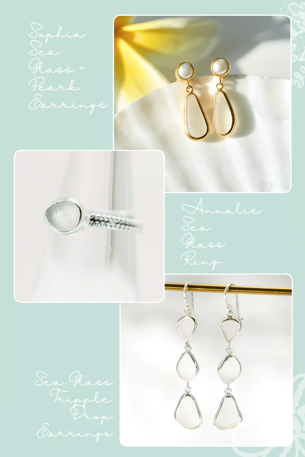Collage of sea glass jewelry on a mint background: pearl stud earrings, a sea-glass ring, and drop earrings.